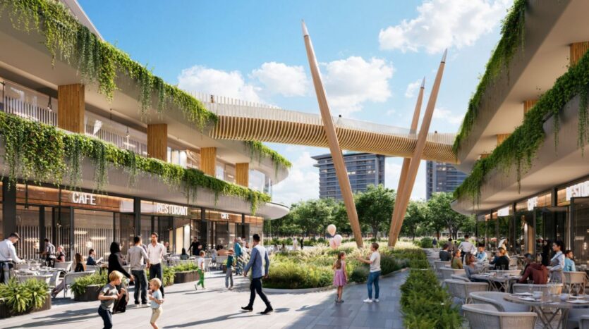An open-air shopping area with modern architecture, hanging greenery, cafes, and restaurants in Sobha Sanctuary. People stroll, dine, and chat while children play. A wooden sculpture and pedestrian walkway stand amid tall buildings in the background.