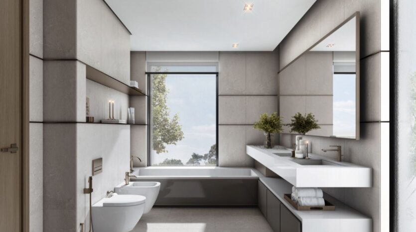 A modern bathroom at Sobha Sanctuary features a large window, bathtub, two sinks, bidet, toilet, decorated wall shelves, and neatly folded towels on open shelves. Neutral tones and natural light create a welcoming atmosphere.