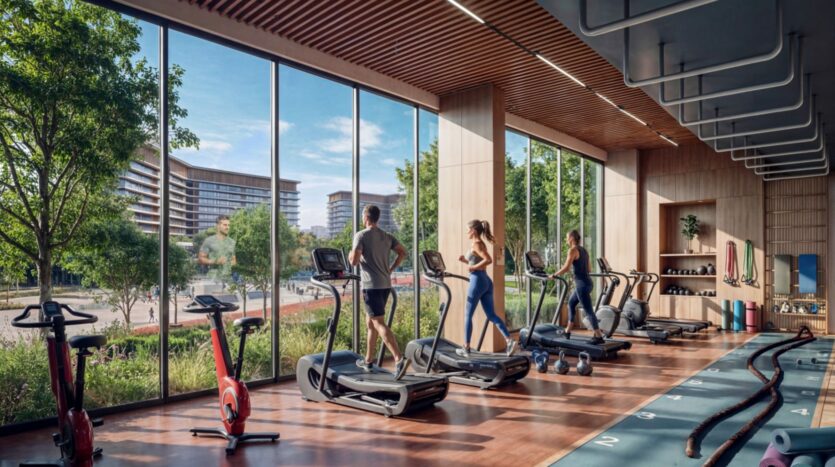 Three people exercise on treadmills in a modern gym at Sobha Sanctuary, whose large windows overlook green trees and contemporary buildings. Indoor plants and state-of-the-art equipment adorn this bright and spacious room.