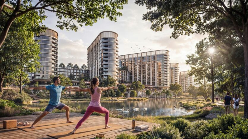 Two people practice yoga on a wooden deck beside a pond with swans at Sobha Sanctuary, surrounded by greenery and modern residential buildings under a sunny sky.