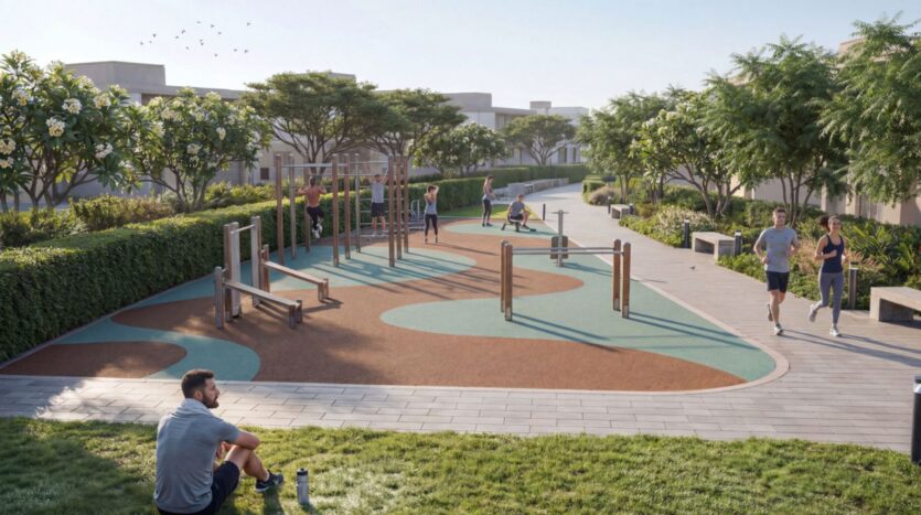 People exercise and relax in Sobha Sanctuary's outdoor fitness area, surrounded by greenery, with climbing and balance equipment, trees lining the path, and benches along the walkway on a sunny day.