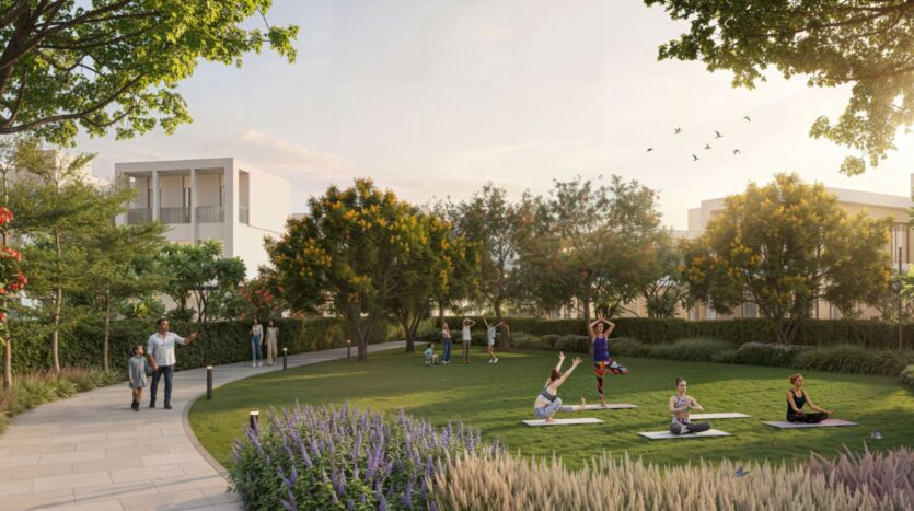 People practice yoga and walk along a path in Sobha Sanctuary, a green park surrounded by trees and modern buildings, under a clear sky where birds fly.