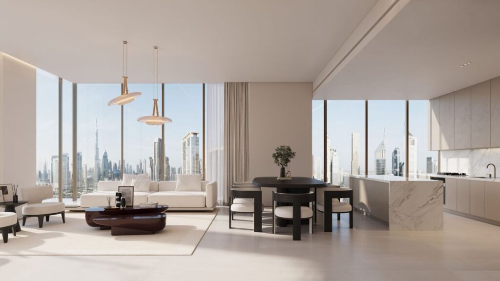 Современная открытая гостиная и столовая в The Residences DIFC с большими окнами от пола до потолка, выходящими на горизонт города, мебелью в нейтральных тонах, мраморным кухонным островом и минималистичным декором.