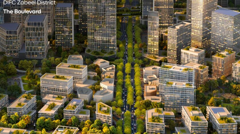 Вид с воздуха на бульвар DIFC Zabeel District с современными стеклянными зданиями, такими как The Residences DIFC, зелеными крышами и центральной аллеей, усаженной деревьями, с автомобилями и роскошным ландшафтным дизайном.