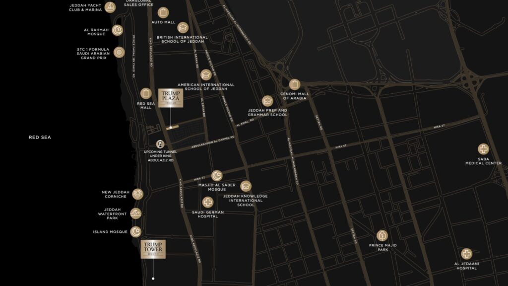 Carte foncée de Jeddah, Arabie Saoudite, indiquant les rues, les parcs, les hôpitaux, les écoles, les centres commerciaux et le Trump Plaza près de la côte de la mer Rouge. Les principaux points de repère et routes sont mis en évidence par des icônes dorées pour faciliter la navigation.