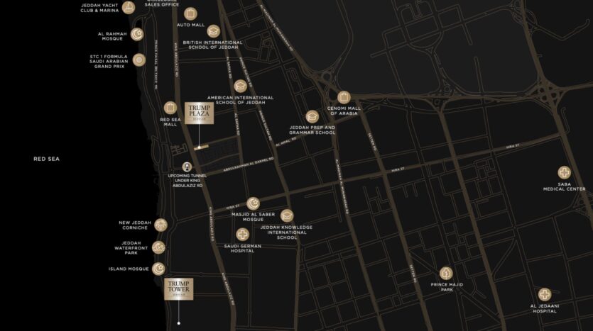 Carte foncée de Jeddah, Arabie Saoudite, indiquant les rues, les parcs, les hôpitaux, les écoles, les centres commerciaux et le Trump Plaza près de la côte de la mer Rouge. Les principaux points de repère et routes sont mis en évidence par des icônes dorées pour faciliter la navigation.