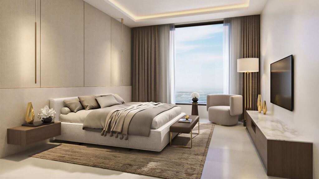 Cette chambre moderne et minimaliste du Trump Plaza se compose d'un grand lit, de tons neutres, d'une fenêtre avec vue sur la mer, d'une télévision murale, d'une chaise longue et d'un mobilier en bois épuré. La chambre est lumineuse et élégante, avec un décor raffiné.