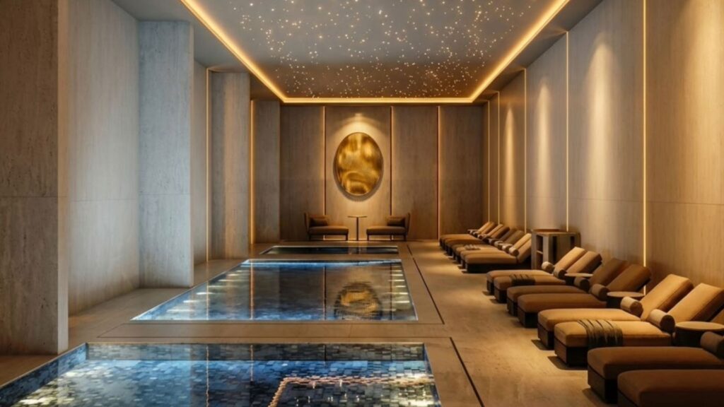 Le luxueux spa intérieur du Trump Plaza se compose de chaises longues modernes disposées de part et d'autre d'une piscine rectangulaire, d'un éclairage chaleureux, d'un plafond en forme d'étoile et d'œuvres d'art murales abstraites dorées à l'extrémité, créant ainsi une atmosphère sereine et élégante.