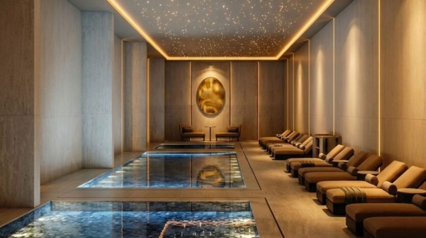Le luxueux spa intérieur du Trump Plaza se compose de chaises longues modernes disposées de part et d'autre d'une piscine rectangulaire, d'un éclairage chaleureux, d'un plafond en forme d'étoile et d'œuvres d'art murales abstraites dorées à l'extrémité, créant ainsi une atmosphère sereine et élégante.