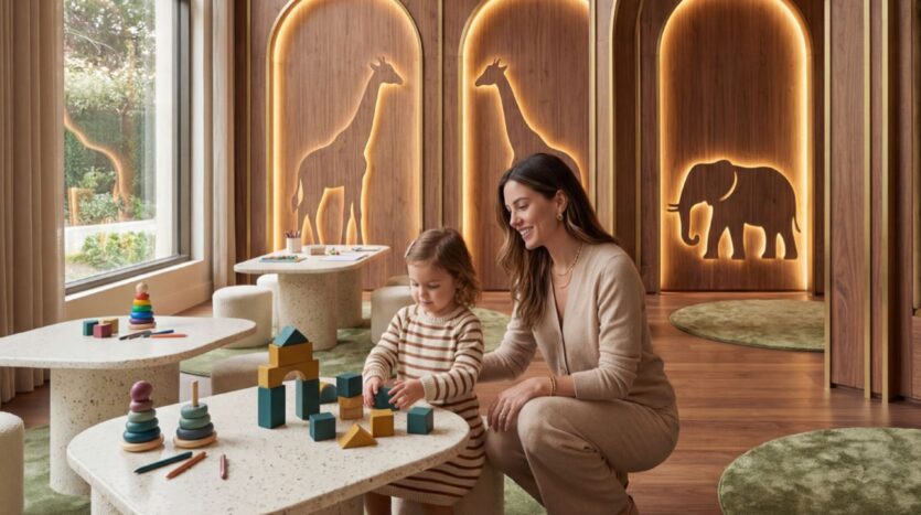 Une femme et un jeune enfant jouent avec des cubes en bois dans une salle de jeux élégante et chaleureusement éclairée au Trump Plaza, avec de grandes silhouettes de girafes et d'éléphants sur d'élégants panneaux muraux en bois.
