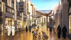 Eine moderne Einkaufsstraße unter freiem Himmel in Dubai mit Palmen, Passanten und einer Familie mit kleinen Kindern, die auf der goldenen Straße spielen, umgeben von modernen Gebäuden unter strahlend blauem Himmel.