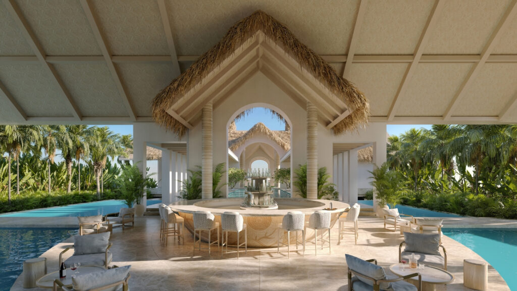 Dieser luxuriöse tropische Außenbereich verfügt über ein Strohdach, eine elegante runde Bar in der Mitte, gepolsterte Sitzgelegenheiten, üppige Palmen und blaue Pools. Es herrscht eine entspannte Atmosphäre, ähnlich wie in einem Resort, inspiriert vom charakteristischen Stil von Dar Global.