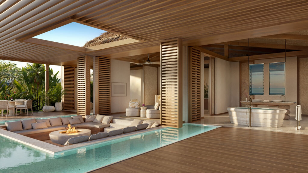 Das Dar Global bietet einen luxuriösen Außenbereich mit Sitzgelegenheiten rund um eine Feuerstelle, Blick auf den Pool, moderne Holzarchitektur, ein offenes Badezimmer mit freistehender Badewanne und üppiger Vegetation – ideal für diejenigen, die auf den Malediven investieren möchten.