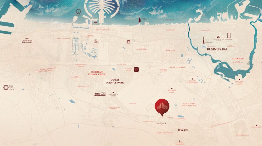 A stylized map of Dubai showing key areas such as Business Bay, Dubai Science Park, Jumeirah Village Circle, and a palm-shaped island. The words "Majar" and "Skyflame" are displayed at the bottom center, and major roads and landmarks are clearly marked.