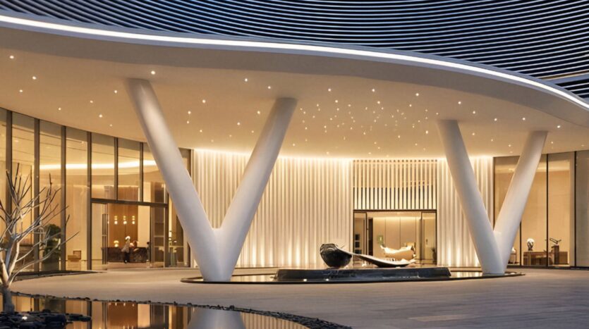 The entrance to a modern building features two large V-shaped columns, a curved roof, and an elegant fountain. The warm glow of the Skyflame lights, the glass walls, and the minimalist decor create a sophisticated and contemporary atmosphere.
