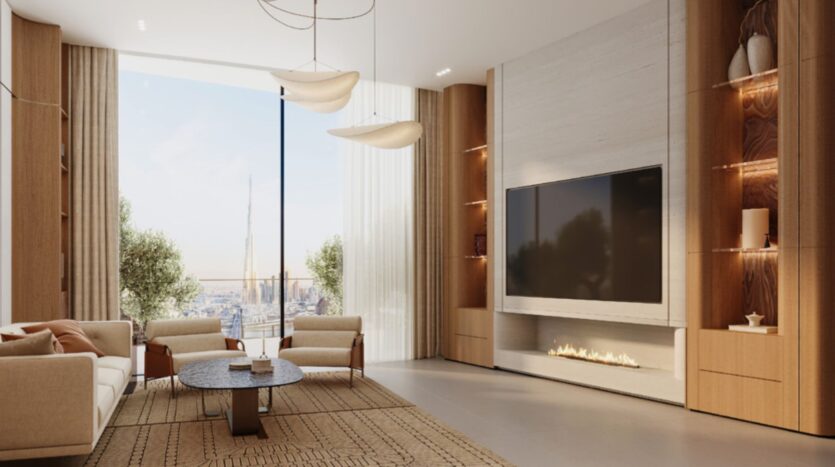 A modern living room with large windows, a view of the city, neutral-toned sofas, a wooden coffee table, built-in shelves, a wall-mounted TV, a Skyflame linear fireplace, and pendant lights.