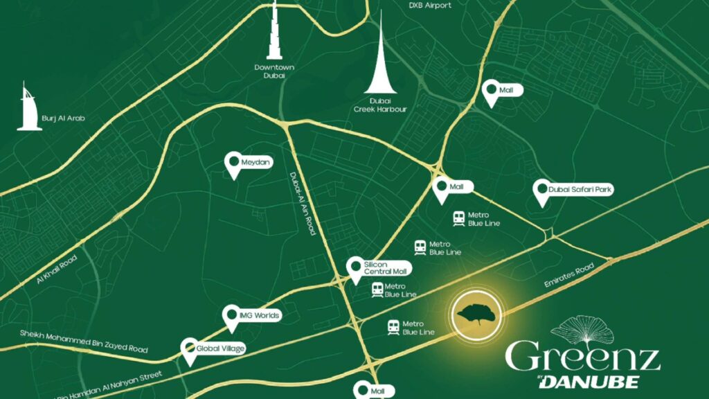 Eine Karte zeigt die Lage von Greenz by Danube in der Nähe der wichtigsten Sehenswürdigkeiten Dubais, darunter die Innenstadt von Dubai, Einkaufszentren, der Dubai Safari Park, Meydan, IMG Worlds, Global Village und die Stationen der blauen U-Bahn-Linie.