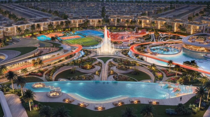 Eine Luftaufnahme von Greenz by Danube zeigt einen modernen und luxuriösen Komplex bei Nacht, mit beleuchteten Pools, Springbrunnen, Sportplätzen, gewundenen Wegen, landschaftlich gestalteten Gärten und umliegenden modernen Villen.
