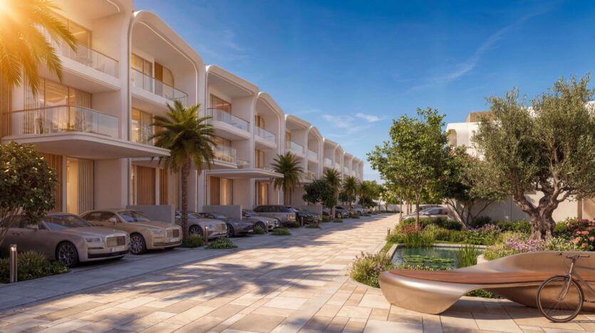 Eine moderne, sonnige Wohnstraße, gesäumt von mehrstöckigen weißen Stadthäusern im Wohnviertel „Greenz by Danube“, mit Palmen, geparkten Luxusautos, gepflegten Gärten und einer skulpturalen Bank am Rande eines kleinen Teiches.