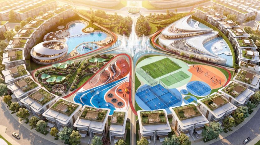 Luftaufnahme von „Greenz by Danube“, einem futuristischen, kreisförmigen Komplex mit Schwimmbädern, Spielplätzen, Sportplätzen, üppigen Grünflächen und modernen Gebäuden, die einen großen zentralen Springbrunnen umgeben.