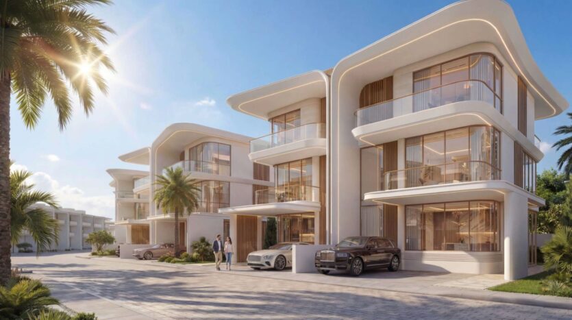Moderne Luxusvillen mit großen Glasfenstern und geschwungenen weißen Fassaden in Greenz by Danube, Palmen säumen die Straße, Luxusautos stehen davor, und zwei Personen spazieren an einem sonnigen Tag mit strahlend blauem Himmel.