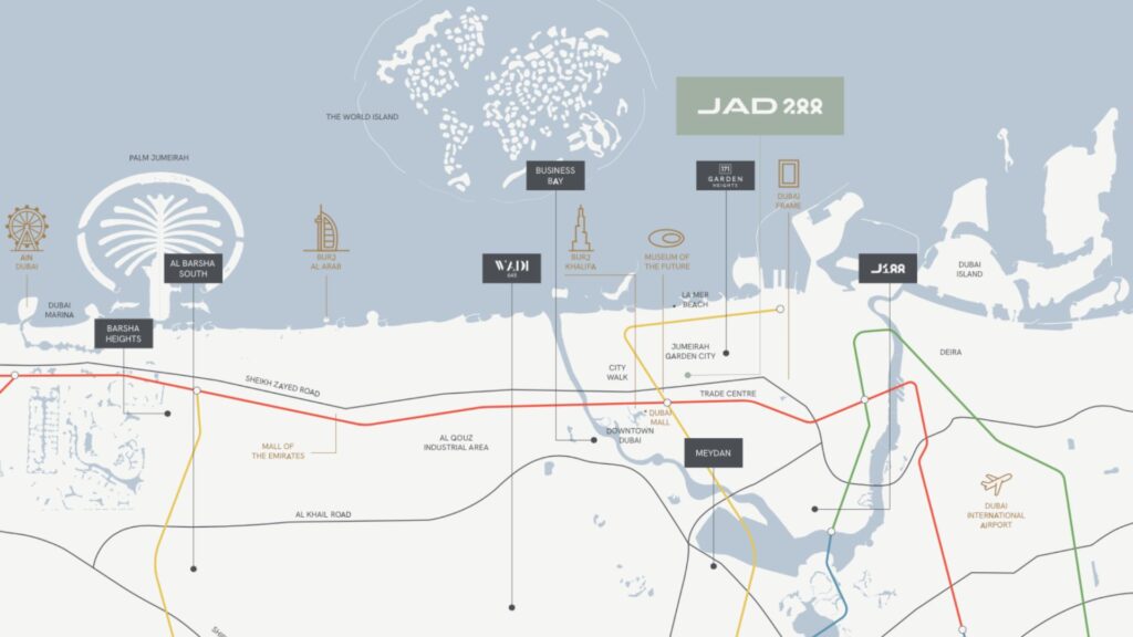 Stylized map of the Dubai coastline featuring JAD288, with landmarks such as Palm Jumeirah, The World Islands, Burj Khalifa, Dubai International Airport, as well as metro lines and neighborhoods clearly marked throughout the city.