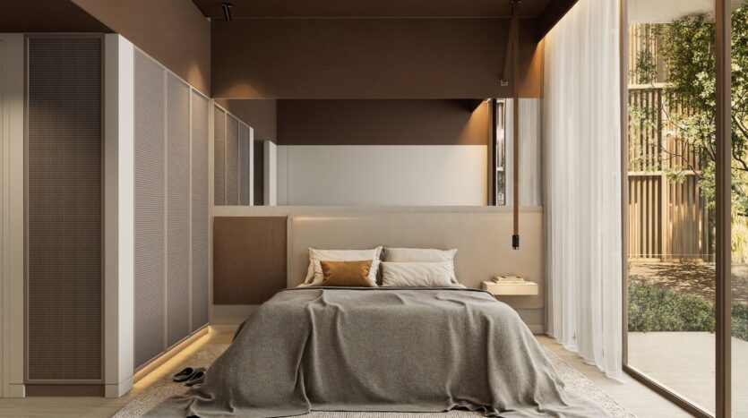 A modern bedroom with a neutral color palette, featuring gray JAD288 sheets, two pillows, built-in nightstands, large windows with sheer curtains, and a view of the greenery outside. The room is decorated in a minimalist style.