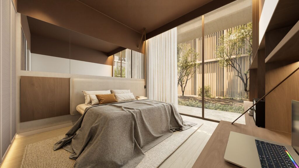 A modern bedroom with a large bed, neutral bedding, floor-to-ceiling windows with sheer curtains, and a view of a garden with trees outside. The minimalist decor and wood accents add to the tranquility of this JAD288-inspired retreat.