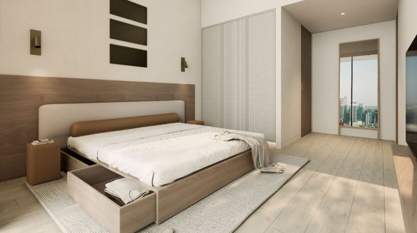Minimalist bedroom with a large JAD288 bed featuring built-in storage drawers, light wood flooring, a wall mirror, modern decor, and a view of the city skyline through the window.