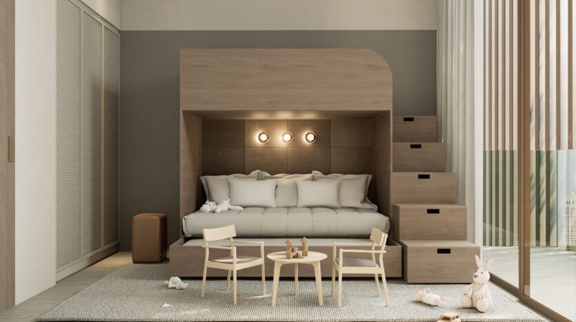 A modern children's room features a wooden bunk bed with built-in steps, three circular wall lights, small wooden chairs and a table, stuffed toys, and a large window with sheer curtains—a style that perfectly suits the JAD288 collection.