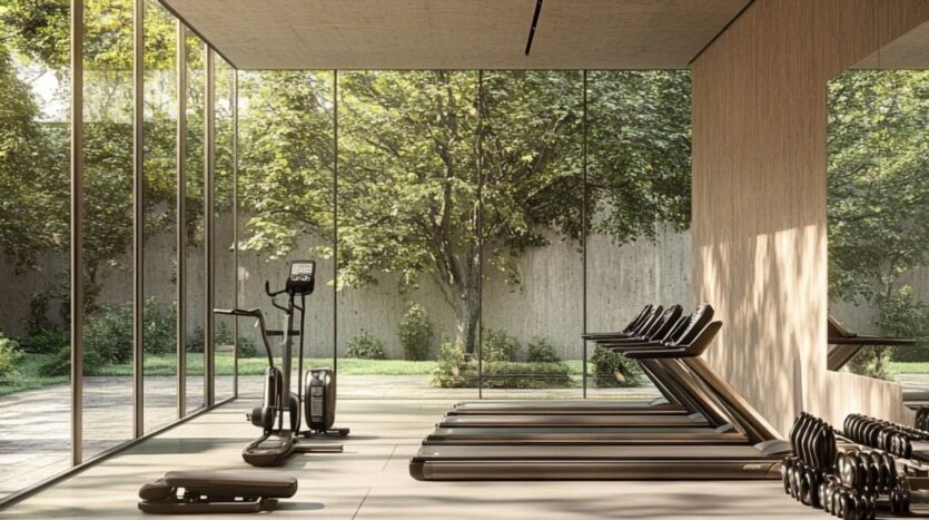 A modern gym equipped with treadmills, elliptical machines, and free weights, with floor-to-ceiling windows overlooking a green outdoor space. The JAD288 space is bathed in natural light.