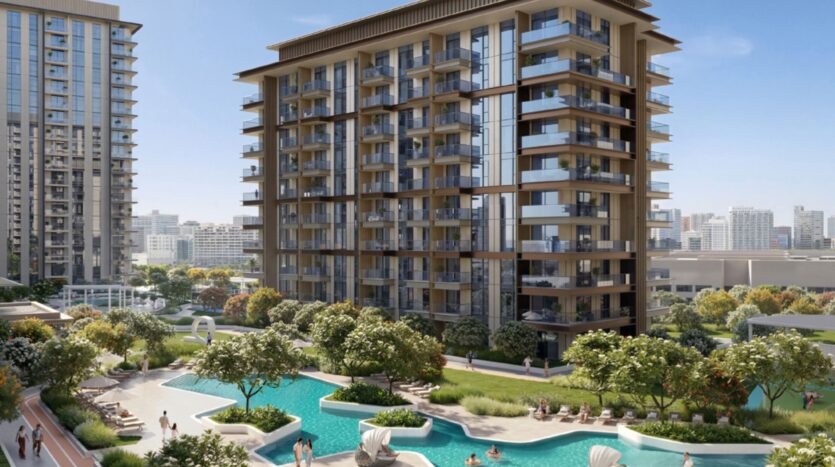 Tara Park propose un complexe d'appartements modernes avec de grands balcons donnant sur une piscine paysagée entourée d'arbres, de chaises longues et de personnes en train de se détendre. Des immeubles de grande hauteur s'élèvent à l'arrière-plan sous un ciel bleu limpide.