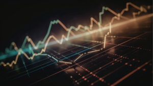 Abstraktes Bild einer Finanzgrafik mit leuchtenden, gezackten Linien und Punkten vor einem dunklen Hintergrund, das die Schwankungen der Aktienmärkte oder Trends bei Immobilienindizes wie den Immobilienpreisen in dynamischen Märkten wie Dubai symbolisiert.
