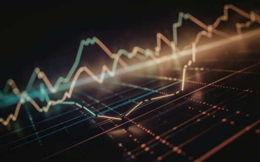 Image abstraite d'un graphique financier avec des lignes et des points lumineux et dentelés sur un fond sombre, symbolisant la fluctuation des marchés boursiers ou des tendances de l'indice immobilier comme le prix immobilier dans des marchés dynamiques comme Dubaï.