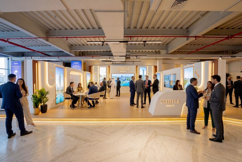 A modern, well-lit real estate center bearing the "Sobha Realty" brand, where groups of professionally dressed people are chatting and sitting at tables. With digital screens, brochures, elegant decor, and marble floors, it’s perfect for those looking to invest in Dubai.