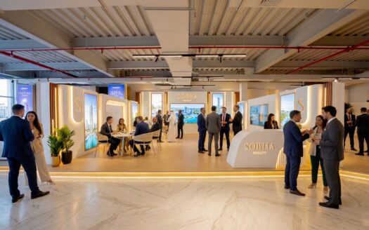 Ein modernes, helles Immobilienzentrum der Marke „Sobha Realty“, in dem Gruppen von professionell gekleideten Menschen diskutieren und an Tischen sitzen. Mit digitalen Bildschirmen, Broschüren, einer eleganten Einrichtung und Marmorböden ist es ideal für alle, die in Dubai investieren möchten.