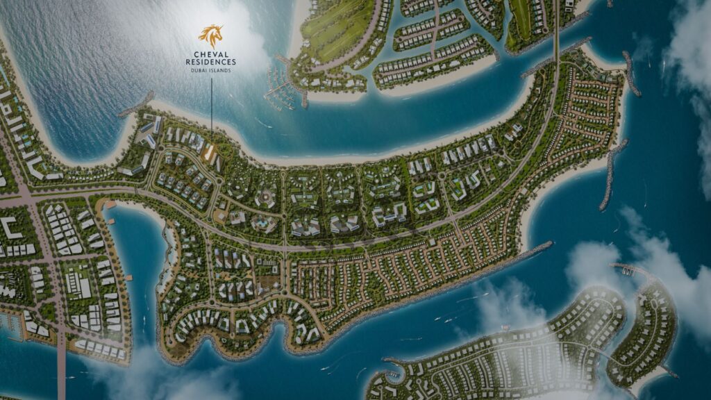 Aerial view of a coastal island featuring Cheval Residences, winding roads, green spaces, modern buildings, and marinas surrounded by blue water. The "Cheval Residences Dubai Islands" logo appears in the upper left corner.