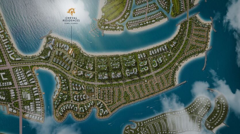 Aerial view of a coastal island featuring Cheval Residences, winding roads, green spaces, modern buildings, and marinas surrounded by blue water. The "Cheval Residences Dubai Islands" logo appears in the upper left corner.