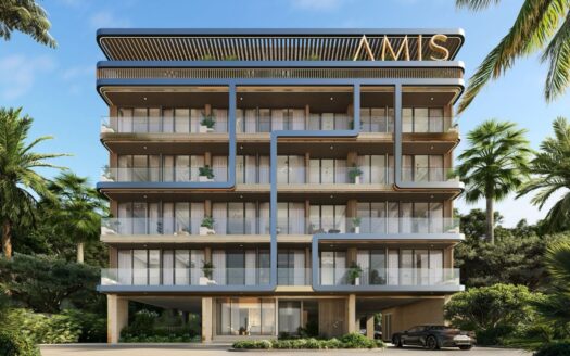 Derby Heights, a modern four-story apartment building, features large glass balconies and decorative metal accents on the facade. Surrounded by palm trees and with a car parked in front, the roof displays the letters "NMS" in bold.