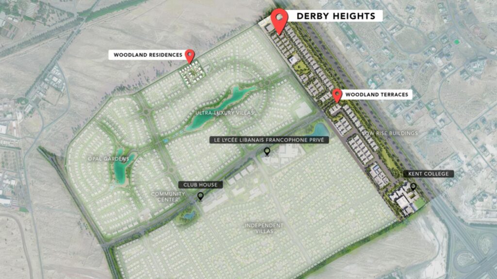 A labeled map of a residential neighborhood highlighting Derby Heights, Woodland Residences, Woodland Terraces, Opal Gardens, apartment buildings, Kent College, a clubhouse, a community center, and a private school.