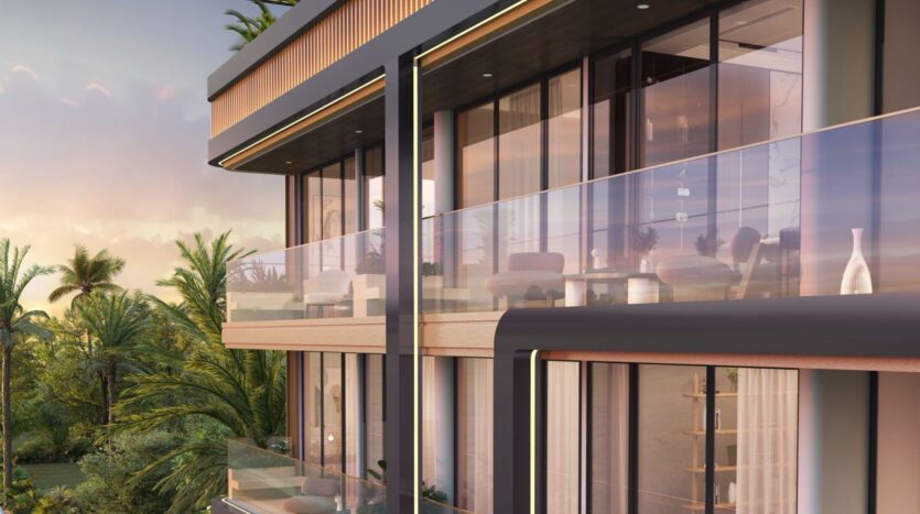 The modern glass-walled balconies at Derby Heights overlook lush greenery and palm trees at sunset, with elegant outdoor furniture visible through the large windows.