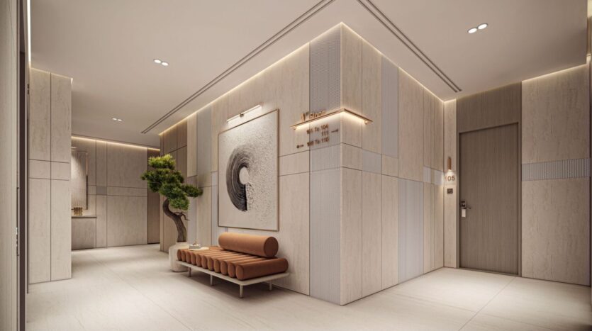 A modern, minimalist hallway in Derby Heights features light wood paneling, recessed lighting, a brown upholstered bench, a small potted tree, and a large abstract artwork near a gray door marked "105."