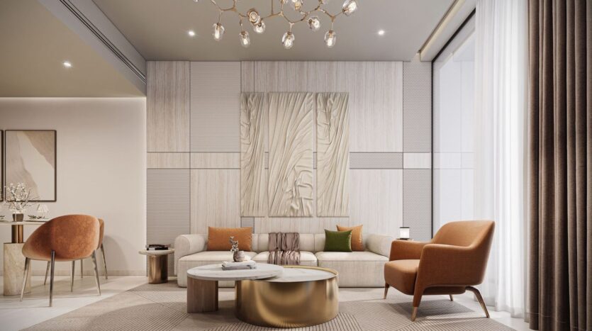A modern living room in Derby Heights featuring a beige sofa, colorful throw pillows, an orange armchair, round coffee tables, abstract wall art, and a gold chandelier. Large windows with sheer curtains let in plenty of natural light.