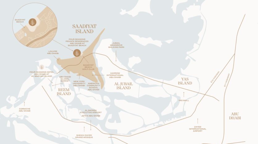 Map of Saadiyat Island, Al Jubail Island, Reem Island, and Yas Island, near Abu Dhabi, showing major points of interest such as museums, hotels, parks, airports, and Four Seasons private residences.