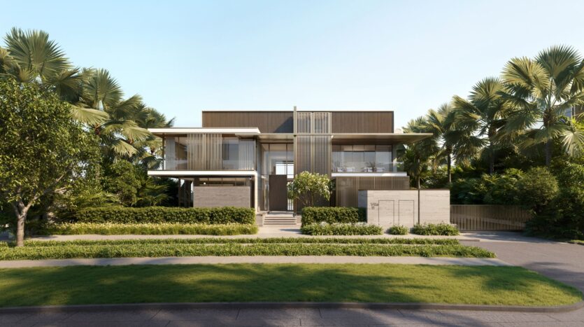 A modern two-story house with large floor-to-ceiling windows and accents of wood and concrete, reminiscent of Four Seasons private residences, surrounded by lush landscaping and palm trees, as seen from across the street on a sunny day.