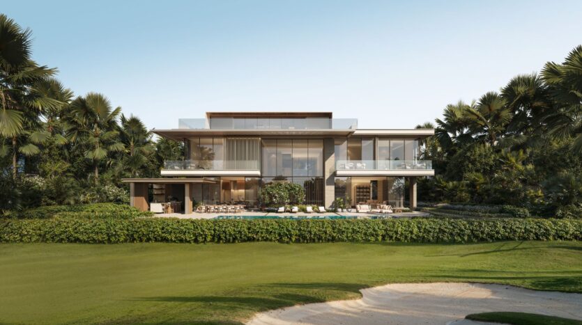 The modern two-story house, surrounded by trees and lush greenery, features a swimming pool and an outdoor relaxation area reminiscent of Four Seasons private residences, set against a well-manicured lawn and a sand bunker, under a clear blue sky.