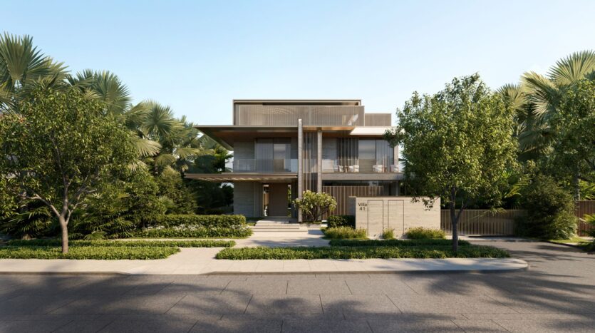 A modern two-story house with large windows, a flat roof, and a mix of wood and concrete, reminiscent of Four Seasons private residences, surrounded by lush greenery, palm trees, and a carefully landscaped front yard, as seen from the street.
