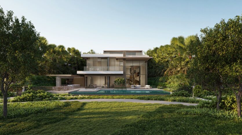 A modern two-story house with large floor-to-ceiling windows, surrounded by lush greenery and palm trees, reminiscent of Four Seasons private residences, featuring a swimming pool and a spacious front patio under a clear blue sky.