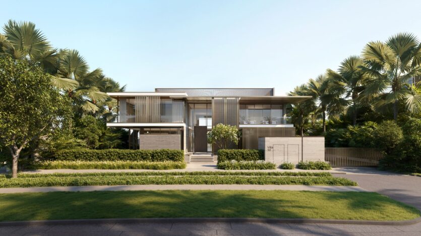 A modern two-story house with large windows and a flat roof, surrounded by lush palm trees and greenery—evoking the elegance of Four Seasons private residences—behind a well-manicured lawn and sidewalk, under a clear blue sky.