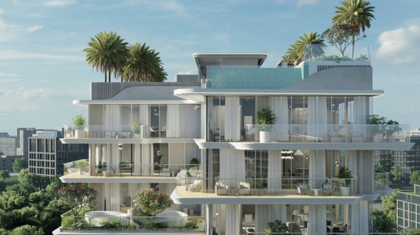 Les résidences modernes de Meriden Beach s'élèvent sur plusieurs étages et sont dotées de grandes baies vitrées et de balcons spacieux remplis de verdure, de palmiers et de mobilier d'extérieur ; le toit est agrémenté d'une piscine et d'autres plantes, le tout dans un ciel limpide.